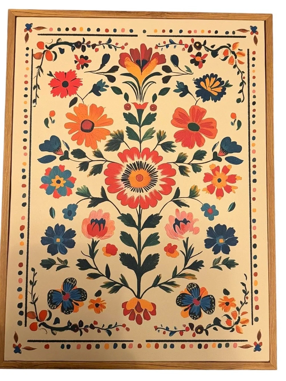 Framed Scandinavian Folk Art Floral Print Wall Decor Boho Cottagecore Colorful